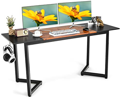 COSTWAY Mesa Gaming 160 x 60 cm, Mesa de Escritorio con Estructura de Metal, Gancho, Mesa Ordenador Rectangular Oficina Dormitorio, Negro y Marrón Rústico