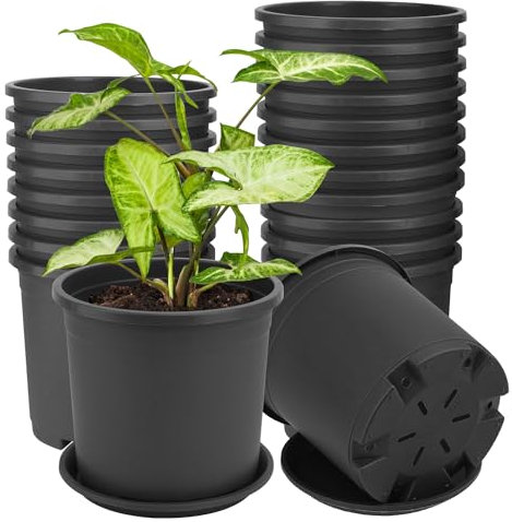 IHDYPPEW 24 Stück 1,5 Gallonen Kindergartentöpfe, 17,8 cm Gartentöpfe, Kunststoff-Blumentopf mit passendem Tablett (schwarz)