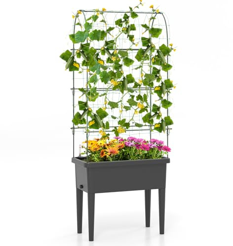 GOPLUS Hochbeet mit Rankgitter, Blumenkasten mit Selbstbewässerung und Wasserspeicher, Pflanzkasten mit Abflusslöchern & abnehmbaren Beinen, Gartenbeet Rankhilfe für Kletterpflanzen, 76 x 37 x 189 cm