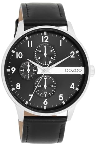 Oozoo Timepieces Herren Uhr in Black/Silver | Armbanduhr Herren mit Lederarmband | Schöne Uhr für Männer | Edle Analog Herrenuhr (45mm Gehäuse) in rund C11309