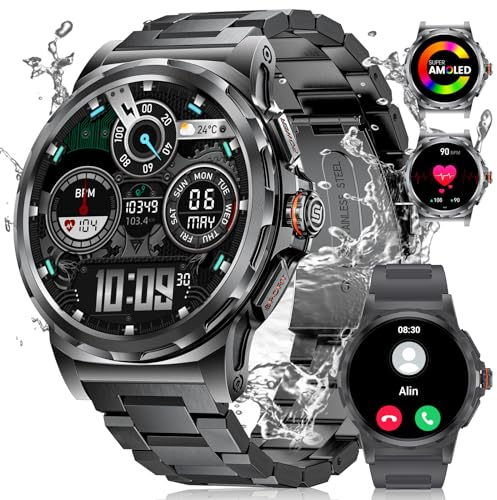 Militaire Montre Connectée Homme, 1.43'' AMOLED Montre Intelligente avec Appel Bluetooth Assistente Vocale, 129 Modes Sportif, Calories Fréquence Cardiaque SpO2 Sommeil Smartwatch Android iOS, SML6-J