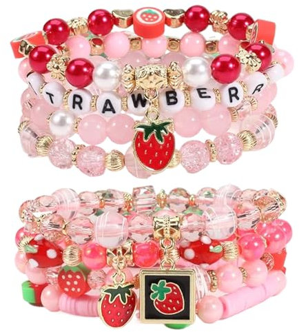 8 Stück Halloween-Armbänder, bezaubernder Cartoon-Perlen-Kristall-Erdbeer-Schmuck, Erdbeer-Halskette, Erdbeer-Armband, bezauberndes funkelndes Stretch-Anhänger-Armband, Halloween-Dekorationen für Frau