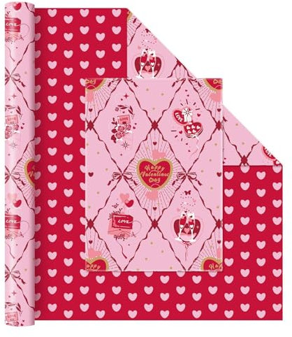 WERNNSAI Valentinstag Geschenkpapierrolle – 1 Rolle 43 cm x 10 m Valentinstags Geschenkpapier rotes Happy Valentine Day“ Geschenkpapier rosa Herz Design für den Valentinstag mit Schnittlinie