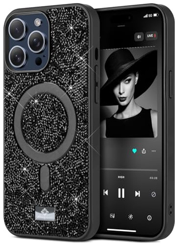 BEZ Handyhülle für iPhone 15 Pro Hülle Glitzer, Kompatibel mit MagSafe, Sparkle Diamond Crystal Bling Hülle mit Bling & Co. Serie, Magnetisch Handyhülle für iPhone 15 Pro, Jet Schwarz