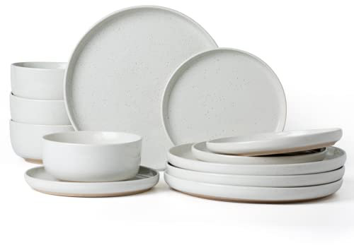 Richmount Milkyway Plates and Bowls Set, 12 Piece Dinner Set, Speckled Stoneware Dinner Set for 4, Chip and Scratch Resistant Dinnerware Sets, Dishwasher & Microwave Safe, White