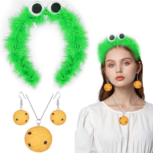 LXWINNER Cookie Monster Haarreif, krümelmonster kostüm Damen Kinder, Keks-Halskette, Cookie Ohrringe, Krümelmonster Kostüm Accessories, Damen Kinder Kostüm Halloween Karneval Fasching Cosplay
