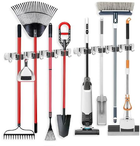 AONAT 2 Stück Besenhalterung Wand,Gerätehalter Wandhalterung mit 8 Halter und 10 Haken,Besen Mop Halter Wandhalterung,Besenhalterung Wand Selbstklebend für Zuhause,Küche,Badezimmer,Garage,Garten