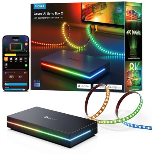 Govee HDMI 2.1 Sync Box Kit 2, AI Sync Box with TV Backlight,Supports 8K@60Hz, 4K@144Hz, VRR and ALLM, Works with Matter, RGBIC LED Strip for 55-65 inch TVs, 75 LEDs/m