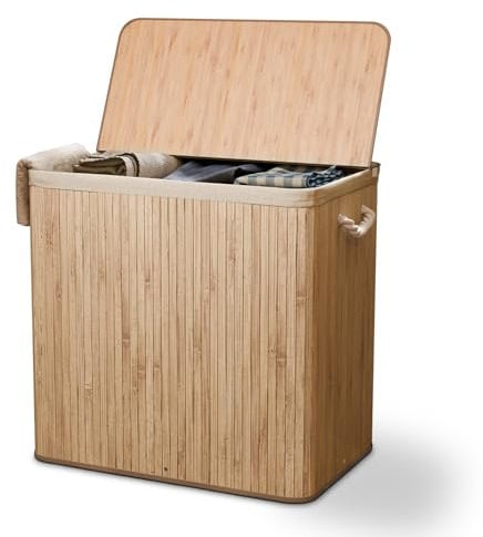 Juskys Bambus Wäschekorb Curly Natur 150L - Hygienischer Wäschekorb mit Deckel, Tragegriff & Wäschesack - 3 Fächer - Natürliche Bambus Optik