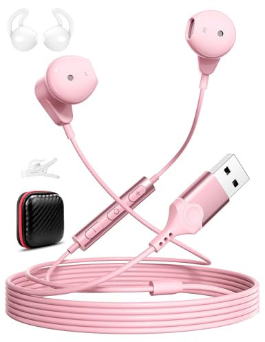 USB Headset with Microphone for PC, USB A Headphones for Computer, 7.5 Ft Cable, Lightweight Wired Type A Earbuds In Ear Noise Canceling Stereo Laptop Game Earphones for Dell Laptop for Surface, pink