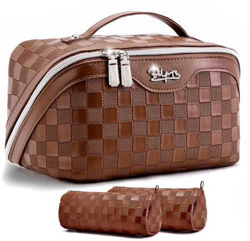 BOYATU Reise-Make-up-Tasche, Organizer, Kosmetiktasche: 3-teiliges Set, Make-up-Taschen für Damen, mit Griff, wasserdicht, veganes Leder, Kulturbeutel, Reiseutensilien-Tasche mit Fächern, 03-A-Coffee