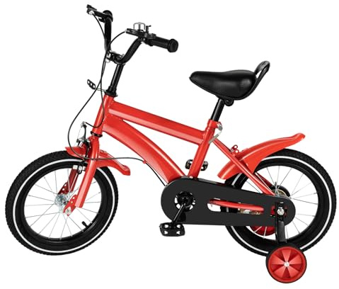 Mqwdxzfes 14 Zoll Kinderfahrrad, Verstellbares Fahrrad Kinder mit Stützrädern, Sicherheits-Kinderfahrrad, Jungen Mädchen Fahrrad Doppelbremsen Jungenfahrrad für Schulung Outdoor Reiten, Rot