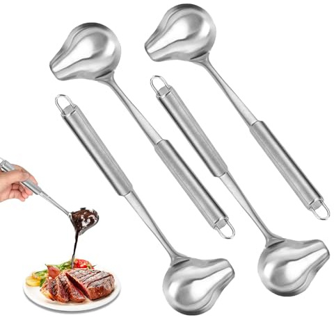 YGCQFH 4 Soßenlöffel aus Edelstahl, 30.2cm/11.88 inch Soßenlöffel mit Schrägem Ausgießer, Suppenkelle Edelstahl für Dressings Suppensoßen Bratensoßen, Saucenkelle mit Hängendes Loch(Silber)