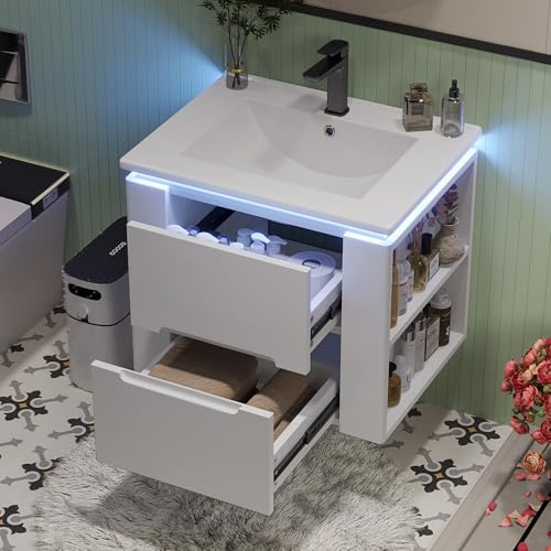 Lahoomu 61x46x48.5cm Wandhängend Badezimmerschränk, Volllackierung, LED-Radarsensor-Beleuchtung, Zwei Schubladen, Leise Gleitschienen, Waschtisch, Integriertes Waschbecken, Weiß