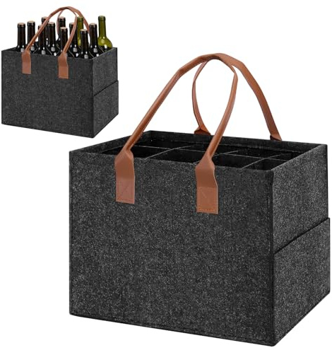 Mittimiya Große Kapazität Flaschenträger 12 Flaschen, Flaschentasche aus Filz mit Ledergriff, Faltbare Männerhandtasche Bier für Weinflasche, Getränkeflaschen, Wasserflaschen(37 x 28 x 27cm)