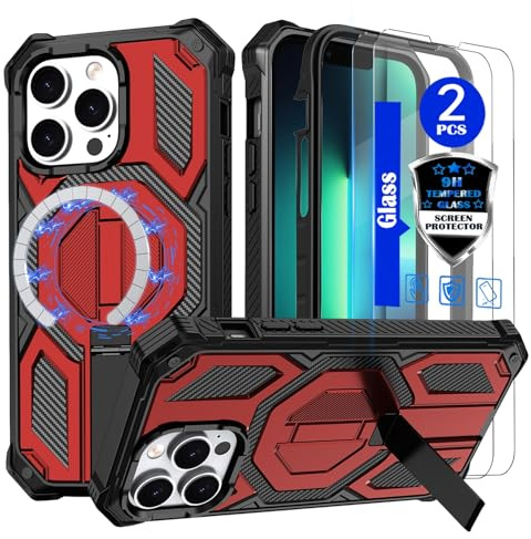 YmhxcY for iPhone 13 Pro Max Case，Compatible with MagSafe[With 2 pieces of tempered glass screen protector] With concealed metal bracket，Heavy-Duty Shockproof Rugged Case，6.7 inch(Red)