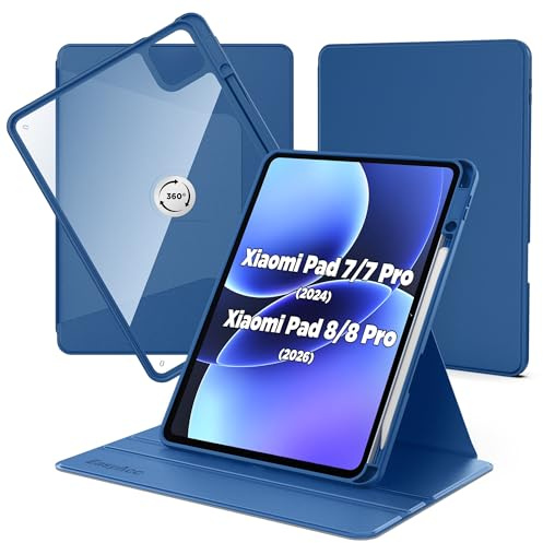 EasyAcc Funda Compatible con Xiaomi Mi Pad 7/ Pad 8/ Pad 7 Pro/Pad 8 Pro | 11.2 Pulgadas , con Soporte para Pencil, Carcasa Soporte Rotación de 360 Grados Protectora Respaldo Clara, Azul Marino