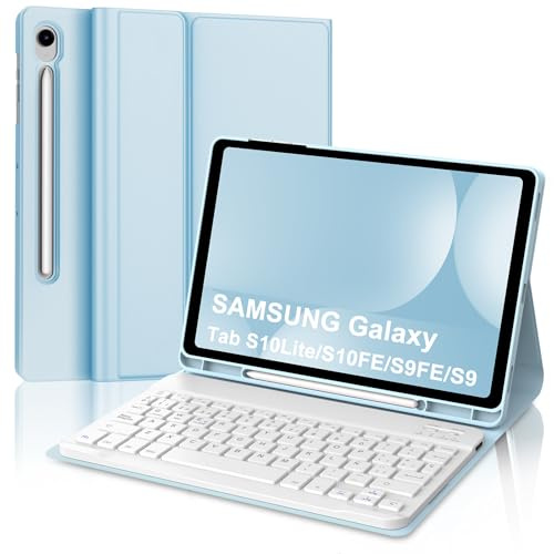 Funda con Teclado para Samsung Galaxy Tab S10 Lite S10 FE 2025/S9 FE 2023 10.9 Pulgadas, Teclado Bluetooth Inalámbrico con Funda Delgado y Portalápices para Samsung Galaxy Tab S9 11 2023-Azul Claro