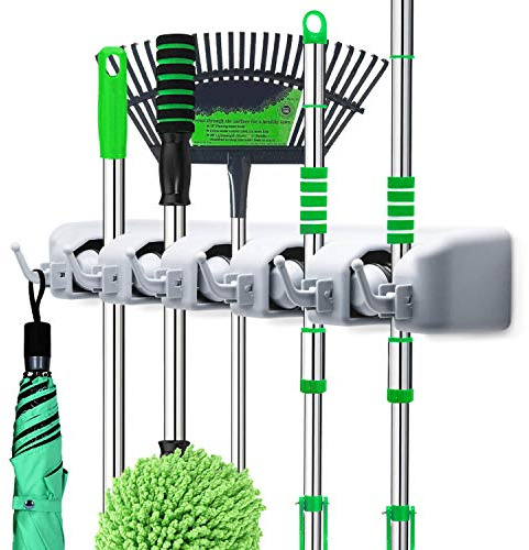LETMY Broom Holder Wall Mounted - Mop and Broom Hanger Holder - Garage Storage Rack & Garden Tool Organizer - 5 Position 6 Hooks for Home, kitchen, Garden, Tools, Garage Organization