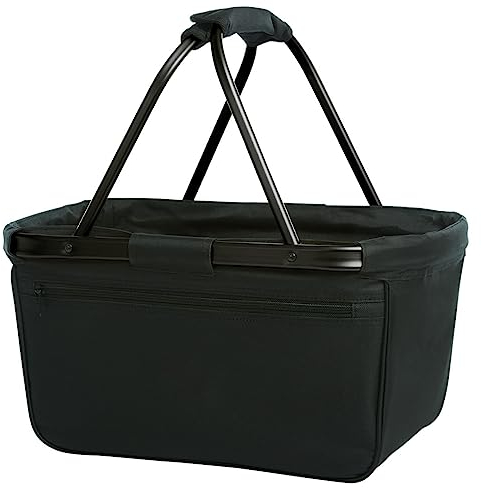 Schwarzer Faltbarer Veganer Einkaufskorb Einkaufsbeutel mit Aluminiumrahmen Reißverschluss-Vortasche PVC frei REACH und FOOD-GRADE zertifiziert 45 x 25 x 25 cm (Schwarz)