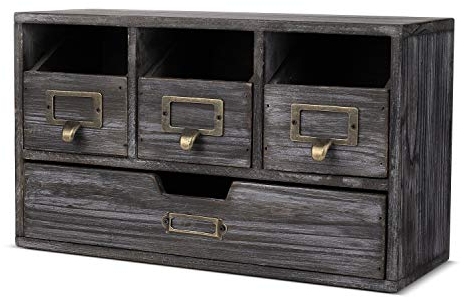 Flexzion Schreibtisch-Organizer aus Holz, Schubladen-Set, Aufbewahrungsschrank – rustikal, braun gefackeltes Holz-Finish, Büroaufbewahrung, Bastelprojekt, Organizer mit 4 Schubladen Türen