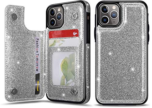 UEEBAI Case for iPhone 11, Premium Glitter PU Leather Case Back Wallet Cover [Two Magnetic Clasp] [Card Slots] Stand Function Durable Shockproof Soft TPU Case - Silver