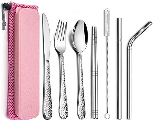 HaWare Campingbesteck, 9-teilig Edelstahl Outdoor Reisebesteck Wanderbesteck, Tragbares Picknick Besteck Set mit Messer Gabel Löffel, Metallstrohhalme, Essstäbchen, Reinigungsbürste, Rosa Etui &Tasche