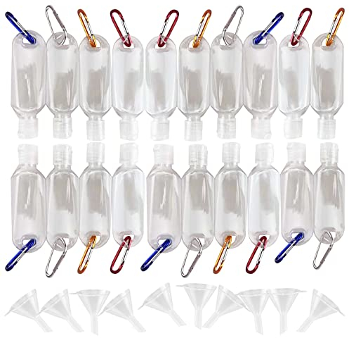 tangger 20PCS 30ML Travel Hand Sanitizer Containers with Hook,Travel Plastic Clear Keychain Bottles and 10PCS Mini Funnel,Portable Travel Bottles