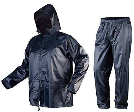 NEO TOOLS Herren Regenset, Regenmantel mit Kapuze und Regenhose Gr. M-XXXL verklebte Nähte, Reißverschlüsse und Taschen vor Wasser geschützt, Ventilationsöffnungen, 170g/m2 Blau oder 310g/m2 Grün