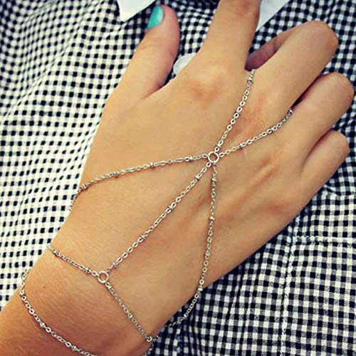 Yienate Modisches, mehrschichtiges Quastenkette, Fingerring-Armband, geschichtetes Armband, Handbündel, Sklavenarmband für Frauen und Mädchen (Silber)