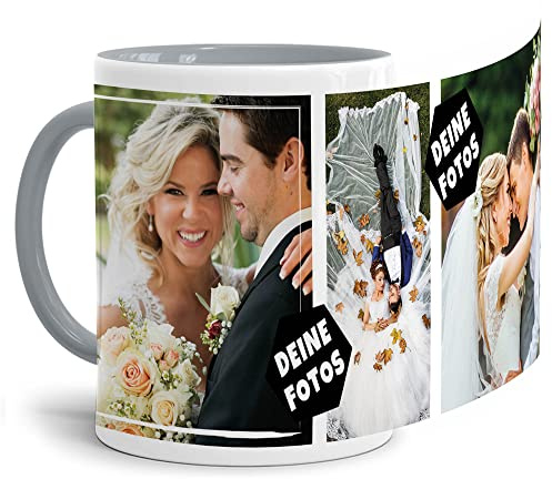 Foto-Tasse zum selbst gestalten mit Foto-Collage für 3 Wunschfotos - Geschenk für Familie, Freunde, Geburtstag, Weihnachten - Keramik Innen & Henkel Grau, 300 ml I Personalisiert