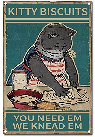 CREATCABIN Cat Metal Tin Sign Kitty Biscuits We Knead Em You Need Funny Sign Vintage Retro Poster Bathroom Quote Vintage Sign for Farm Farmhouse Home Kitchen Cafe Wall Deocr 8 x 12 Inch