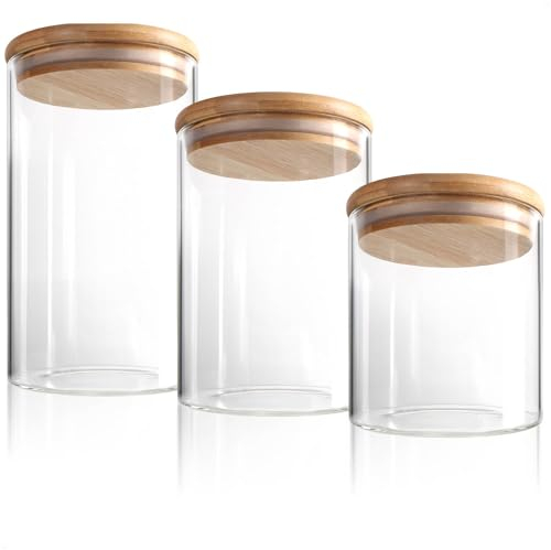 Robin Goods® Juego de tarros de almacenamiento de 3 piezas con tapa de bambú - alimentos - hermético de vidrio de borosilicato reforzado - 0.6L / 0.9L / 1.2L (03 piezas - 600/900 / 1200ml)