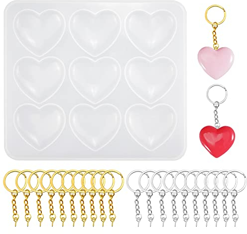 YapitHome Stampo in Silicone Resina Ciondolo a Forma di Cuore Con 20 Pezzi Portachiavi per Gioielli Fai Da Te, Decorazioni, Artigianali Resin Mold