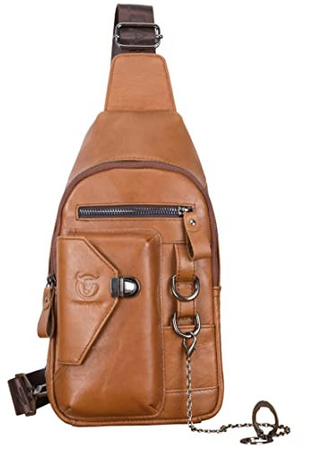 BULLCAPTAIN XB-520 Umhängetasche für Herren, aus echtem Leder, mit Handy-Ständer, Kette, Brust, Schulter-Rucksack, Tagesrucksack, Braun, Medium, Casual