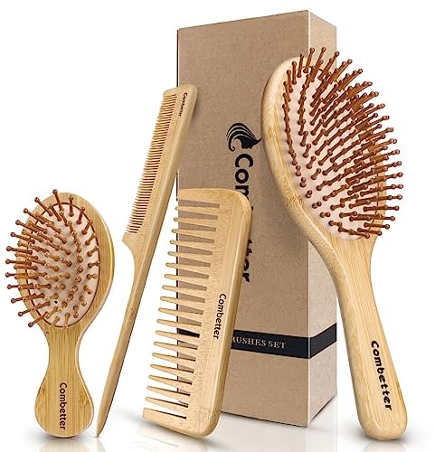 Bambus Haarbürste Set, Eco-Friendly Natural Bamboo Paddle Haarbürste Set Kopfhaut Massage für Frauen Männer und Kinder-Combetter