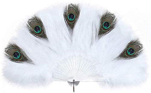 ANUBE Women Folding Handheld Flapper Marabou Feather Hand Fan Halloween Dancing Party Peacock Feather Fan (White)