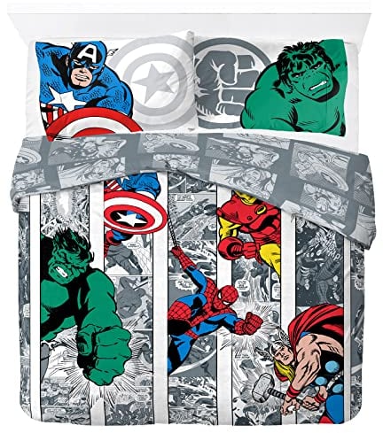 Jay Franco Marvel Comics Comic Cool Doppelbettgröß mit Bettbezug 200x200cm + 2 Kissenbezügen 50x70cm aus 100% Baumwolle