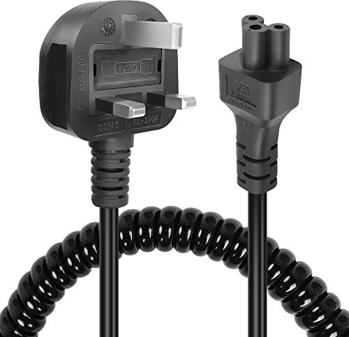 GELRHONR Coiled C5 Cloverleaf Mickey Mouse Power Cord, 90 Degree 3 Pin BS 1363 to C5 AC Power Lead Spring Spiral Cable for Laptop PC Monitors,Computer, Printer,Scanners (Straight C5)