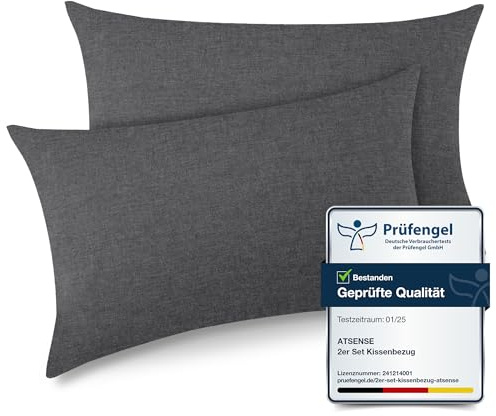 ATsense 2er Set Kissenbezug 50x80 cm - 100% Gewaschene Baumwolle, Dunkelgrau Kopfkissenbezug mit Reißverschluss, Oeko-TEX Zertifiziert Weich, Nicht Lleicht Verformbar