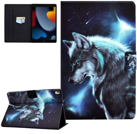 CASAFUNY Hülle für iPad 10,2 Zoll 2021/2020/2019, ipad hülle 9.Gen/8.Gen/7.Gen, PU Leder Tablette Schützhülle Multi-Winkel Ständer Cover Case Auto Schlaf/Wach für iPad 10,2 Zoll, Mondschein-Wolf