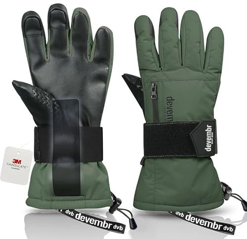 devembr Skihandschuhe mit Handgelenkschützern, Warme Snowboardhandschuhe für Herren und Damen, Grün, L