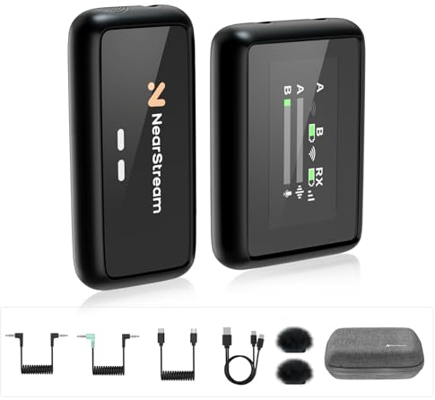 NearStream AWM20D Lavalier Mikrofon Wireless mit Geräuschunterdrückung, HD LCD-Bildschirm/200m Übertragung/7H Laufzeit, Ultrakompaktes Ansteckmikrofon Kabellos für Kamera/Handy/PC Streaming/Vlogging