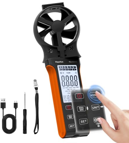 Windmesser CFM Messgerät, WapoRich Anemometer Handheld Wind Speed Meter Digital Windmessgerät Wiederaufladbares Misst Luftvolumen/Windgeschwindigkeit/Temp mit MAX/MIN für HVAC Drohne RQ-5000D