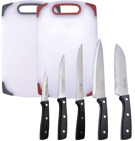 San Ignacio PK6149 Juego de 5 Cuchillos de Cocina en Acero Inoxidable y Set de 2 Tablas de Corte, Polipropileno