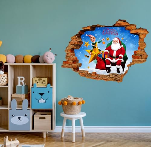 2-teilige 3d Zerbrochene Wand Elch Weihnachtsmann Wandaufkleber, Wohnzimmer, Kinderzimmer, Weihnachtsdekoration, Selbstklebende Papiertapete, 50 Bis 70cm
