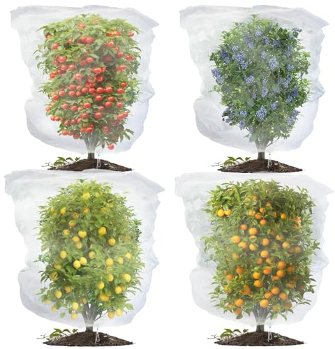 Garden Netting Mesh for Plants, 4 PCS Insect Bird Barrier Netting Mesh with Drawstring, Plant Netting Fine Mesh Garden Cover Nets, Plant Protection Netting for Vegetables Fruits Flower Bushes
