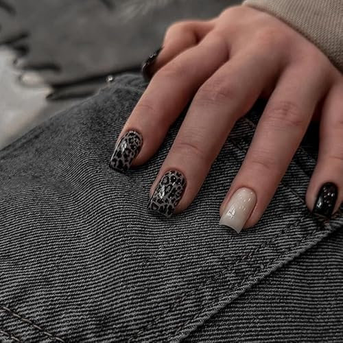 24pcs Short Square False Nails Leopard Print Pattern Press on Nails Gray Black Stick on Nails Acrylic False Nails Removable Glue-on Nails Full Cover Fake Nails Women Brides Nail Art Accessories