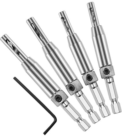 YUNYODA 4 Pack Tools Hinge Bits, Adjustable Countersink Drill Bit Set Self Centering Hinge Drill Bits Set Quick Change- 5/64, 7/64, 9/64, 11/64 Spring Loaded Self Centering for Opening Hole