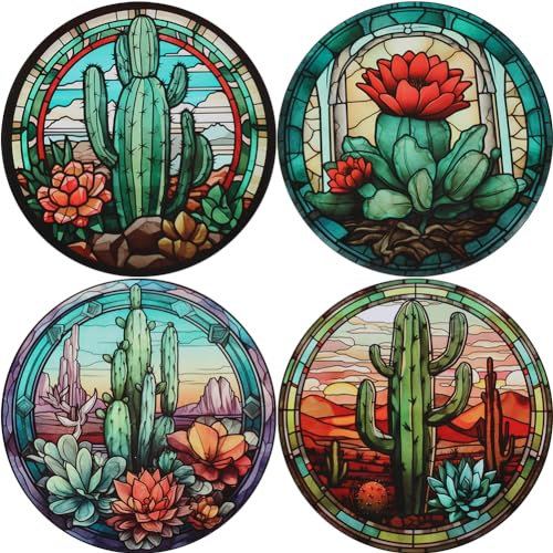 CRASPIRE 4 Stili Cactus Adesivi per Finestre Rotondi Pellicola Vegetale Decalcomanie per Finestre Statiche Impermeabili Adesivi in PVC Non Adesivi per La Decorazione della Casa Vetrina per Porte